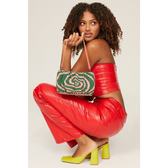 STAUD Pink Green Swirl Psychedelic Beaded Patterned Bean Convertible Bag Purse - Picture 3 of 11